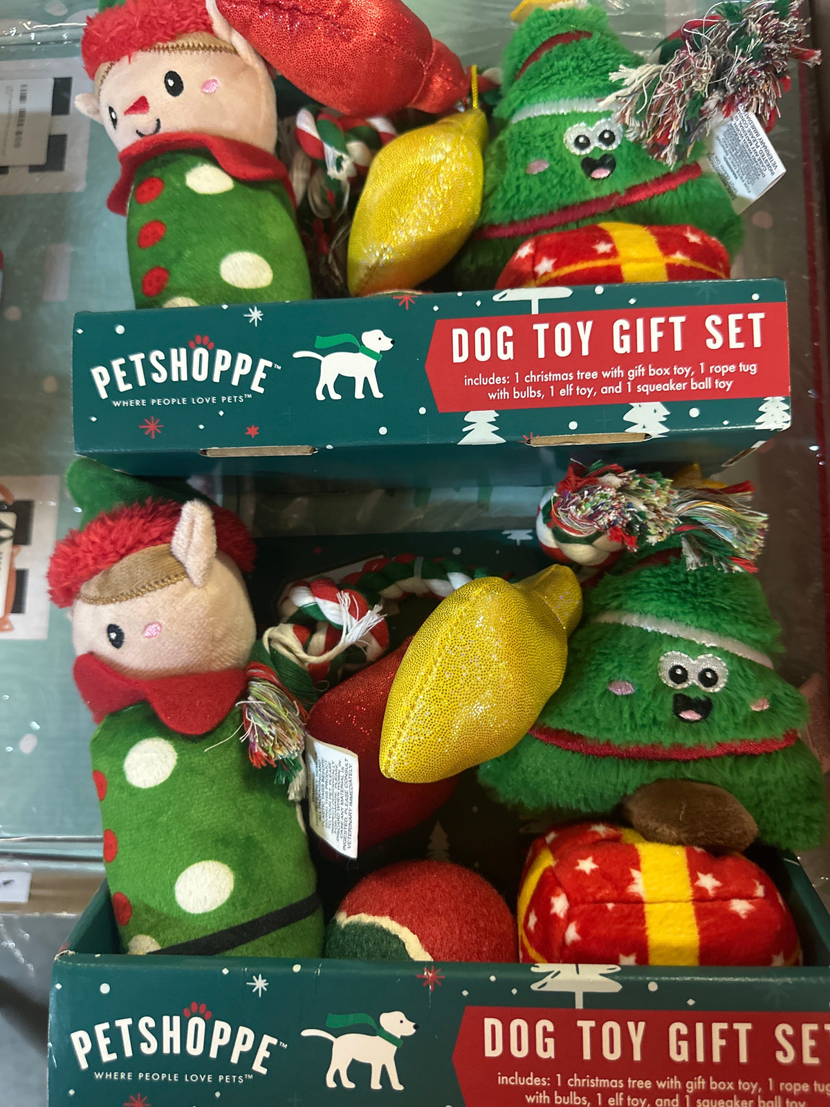 Christmas Dog toy pack, 5 count toys, Elf, tree, gift, ball, rope with ornaments