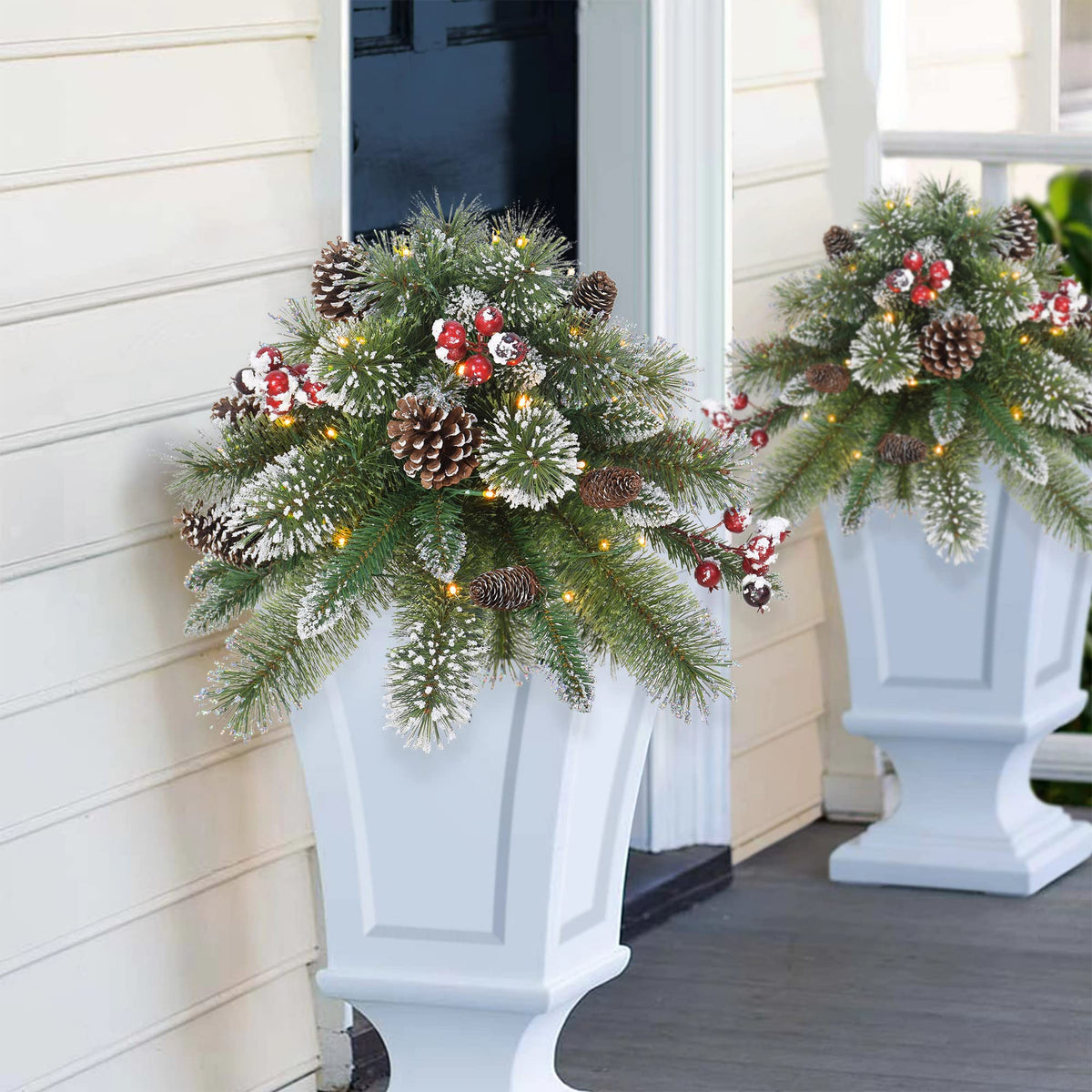 18" B / O Snowy Urn Filler, 48 Tips, 35 Warm White LED Lights, (3 x AA Batteries not Included), 6 / 18 Hours On / Off Time Function, Pine Cones & Berries - additional view
