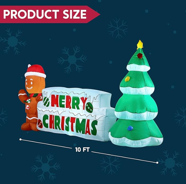 10 FT Merry Christmas Sign Inflatable With Gingerbread Man & Christmas Tree - additional view