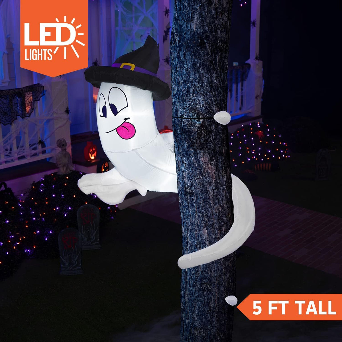 Joiedomi 5 Ft Halloween Inflatable Ghost Twining Around Tree with LEDs