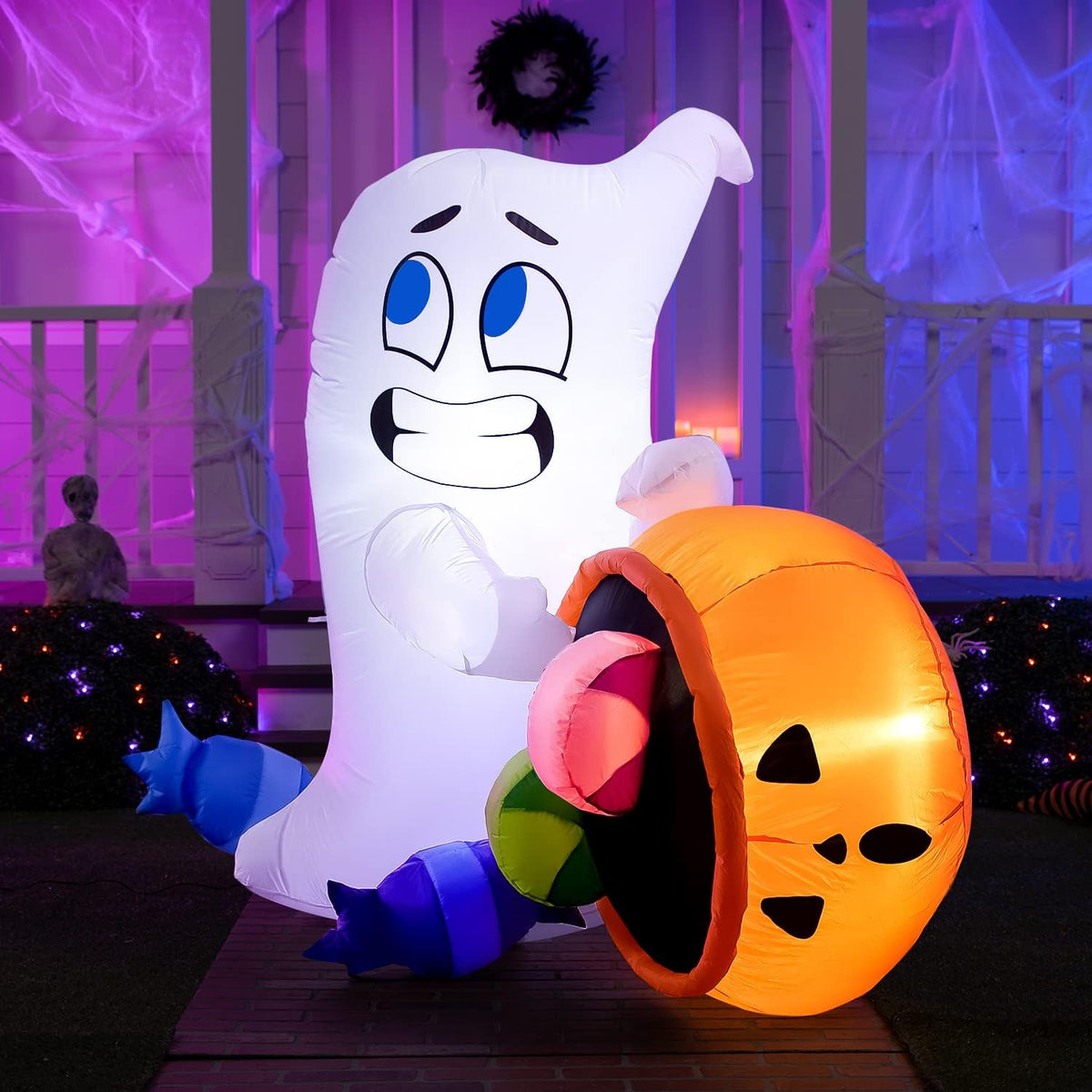 Joiedomi 5 Ft Tall Halloween Inflatable Cute Ghost with Candy Pumpkin Cauldron