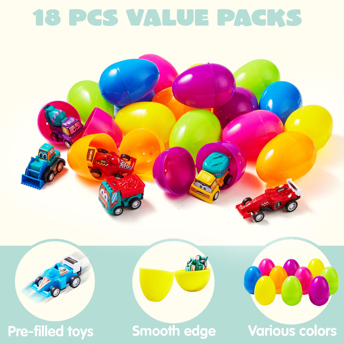 18 Pcs Pre-Filled Easter Eggs with Pull Back Cars - additional view