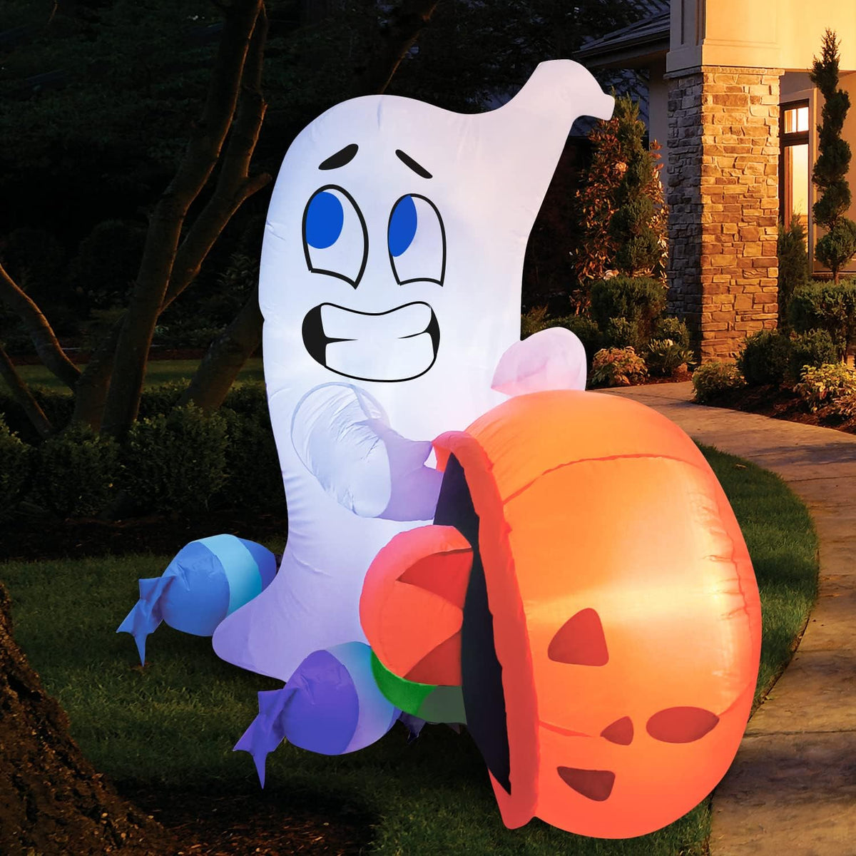 Joiedomi 5 Ft Tall Halloween Inflatable Cute Ghost with Candy Pumpkin Cauldron