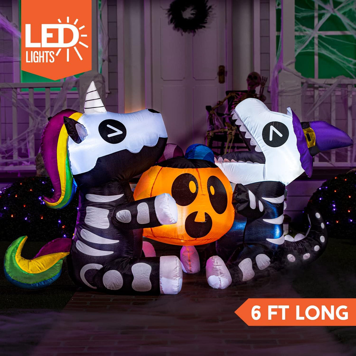 Joiedomi 6 Ft Long Sitting Skeleton Unicorn and Dinosaur Halloween Inflatable