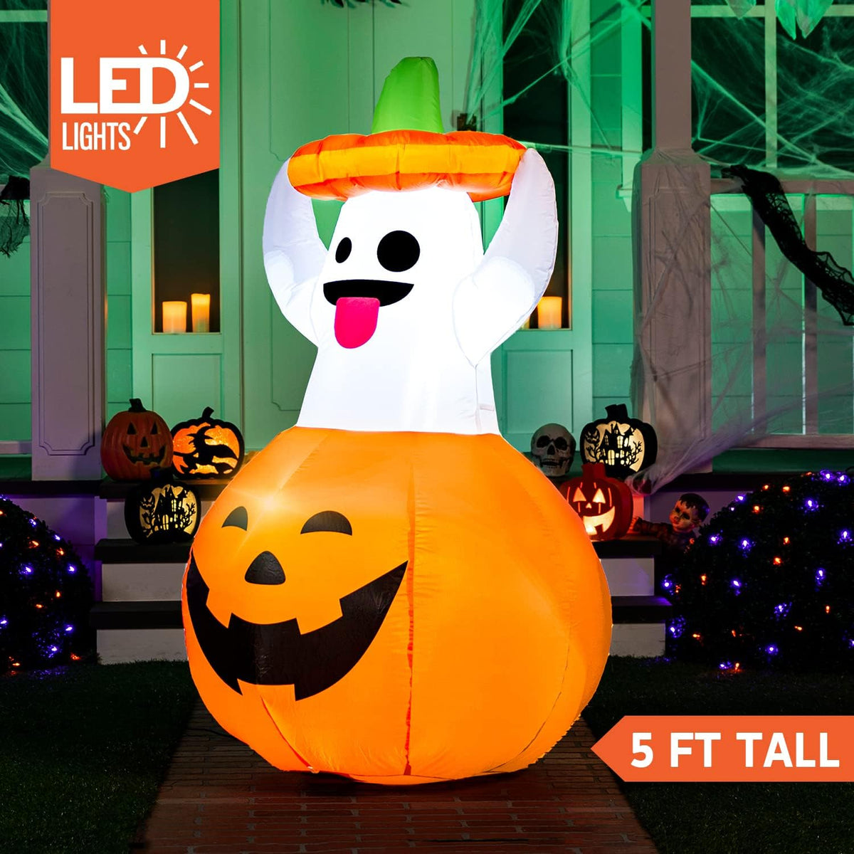 Joiedomi 5 Ft Halloween Inflatable Ghost in Pumpkin with LEDs