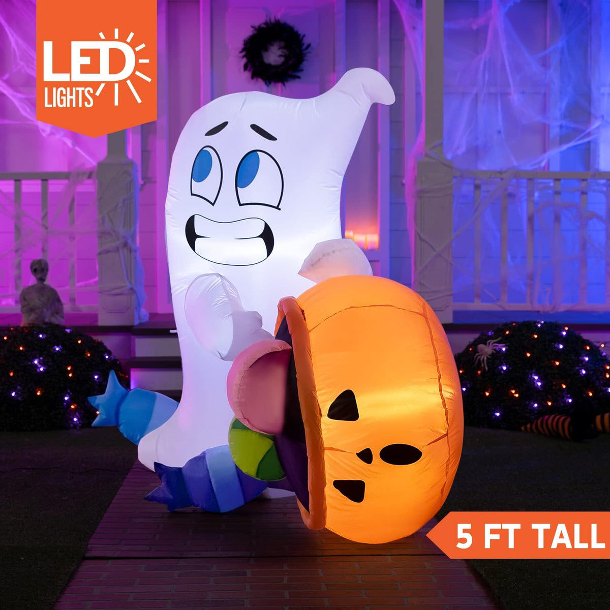 Joiedomi 5 Ft Tall Halloween Inflatable Cute Ghost with Candy Pumpkin Cauldron