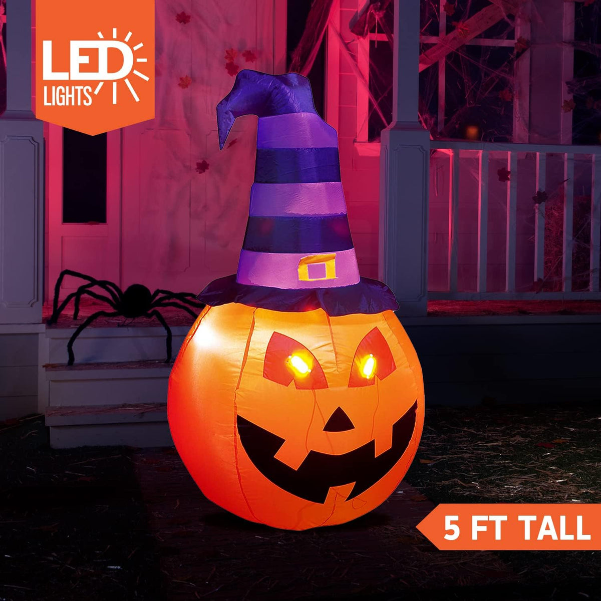 Joiedomi 5 Ft Halloween Inflatable Pumpkin with Witch Hat and LEDs