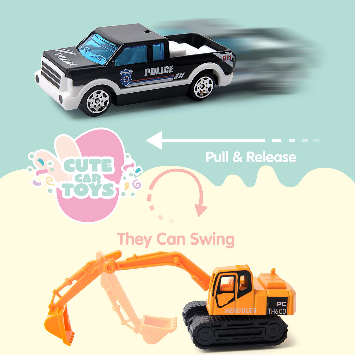 18 Pcs Jumbo Easter Eggs Filled with Die-cast Vehicles, Pull Back City Cars - additional view