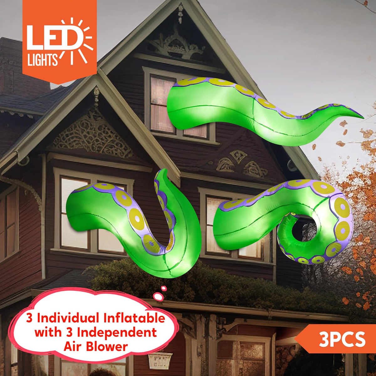 Joiedomi 3 Pcs Halloween Inflatable Green Octopus Tentacles with LEDs
