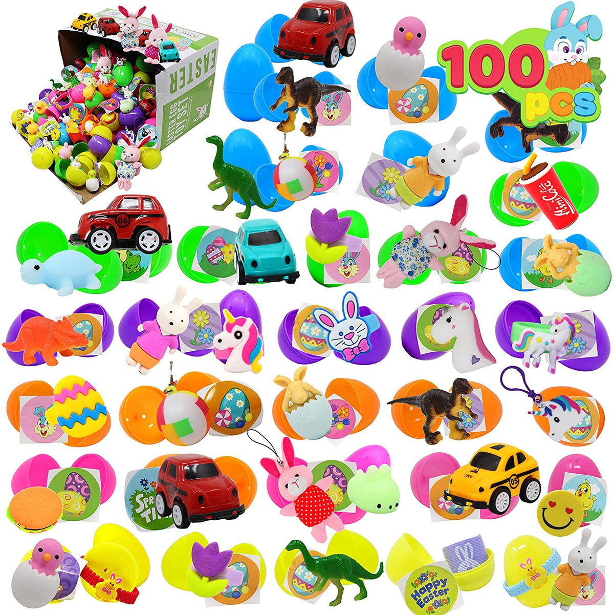 100 Pcs Prefilled Easter Eggs with Toys Plus Stickers