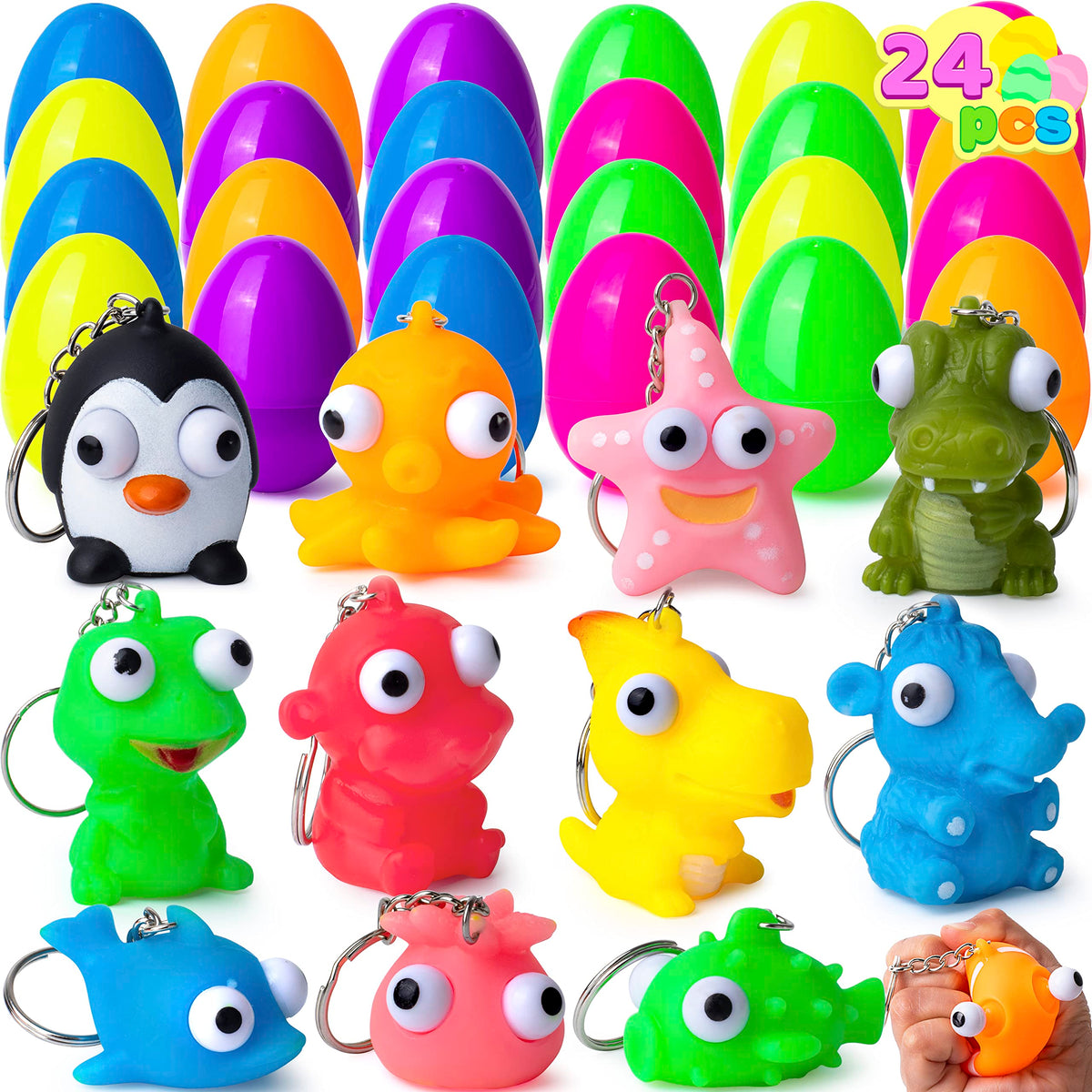 JOYIN 24 Prefilled Easter Eggs Filled Eggs with Animal Keychains Eye-pop Squishy Toys
