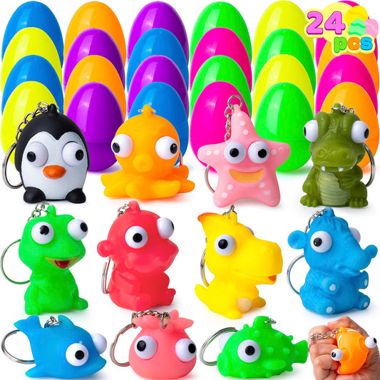 JOYIN 24 Prefilled Easter Eggs Filled Eggs with Animal Keychains Eye-pop Squishy Toys