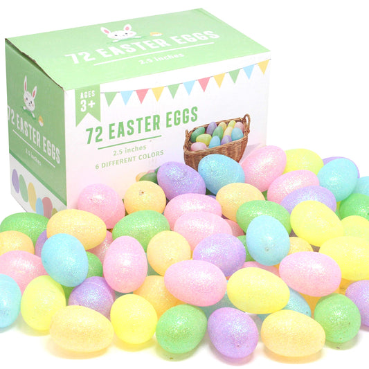 72 Pcs 2.5" Glitter Pastel Assorted Plastic Easter Eggs, Fillable Shells
