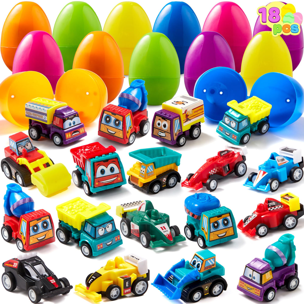 18 Pcs Pre-Filled Easter Eggs with Pull Back Cars