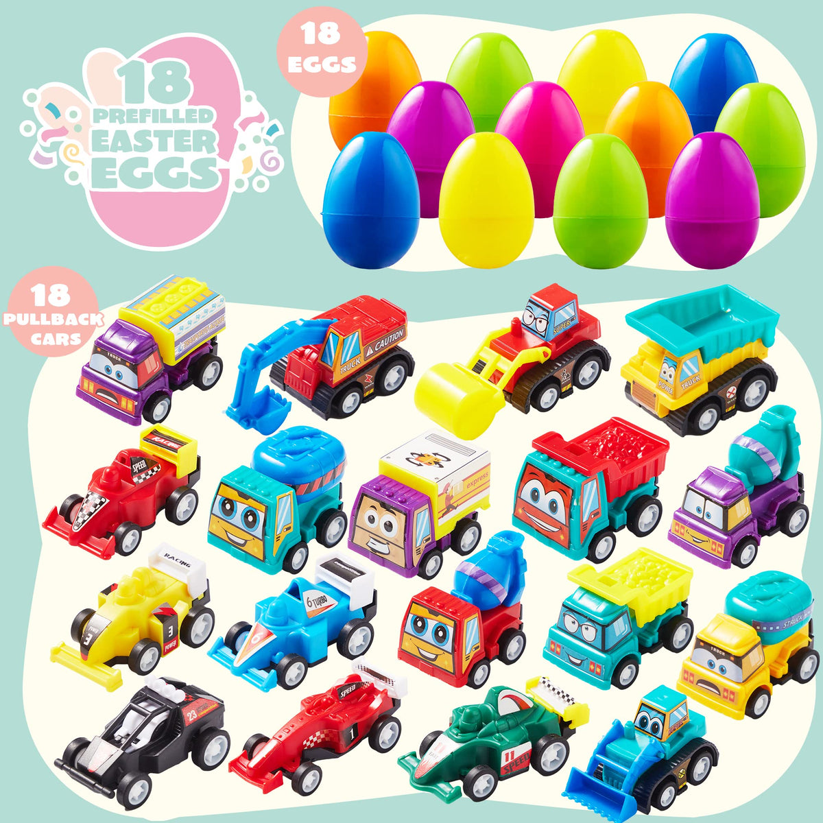 18 Pcs Pre-Filled Easter Eggs with Pull Back Cars - additional view