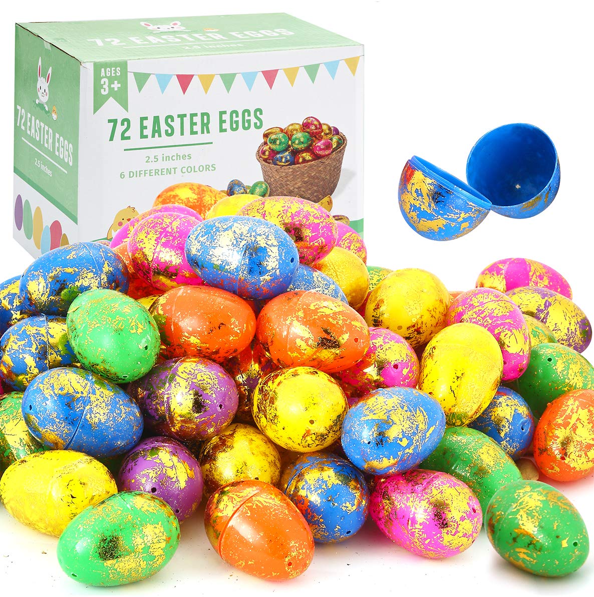 72 Pcs 2.5" Sparkling Gold Colorful Assortment Fillable Easter Egg Shell