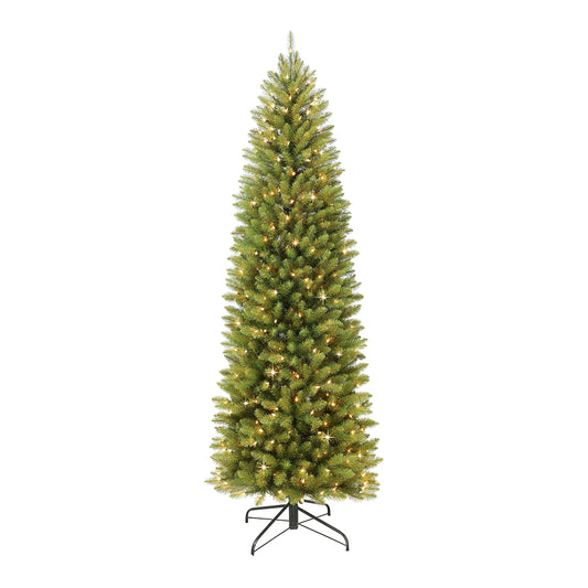 Puleo International 7.5 Foot Pre-Lit Fraser Fir Pencil Artificial Christmas Tree with 350 UL Listed Clear Lights, Green, 32 x 32 x 90 inches