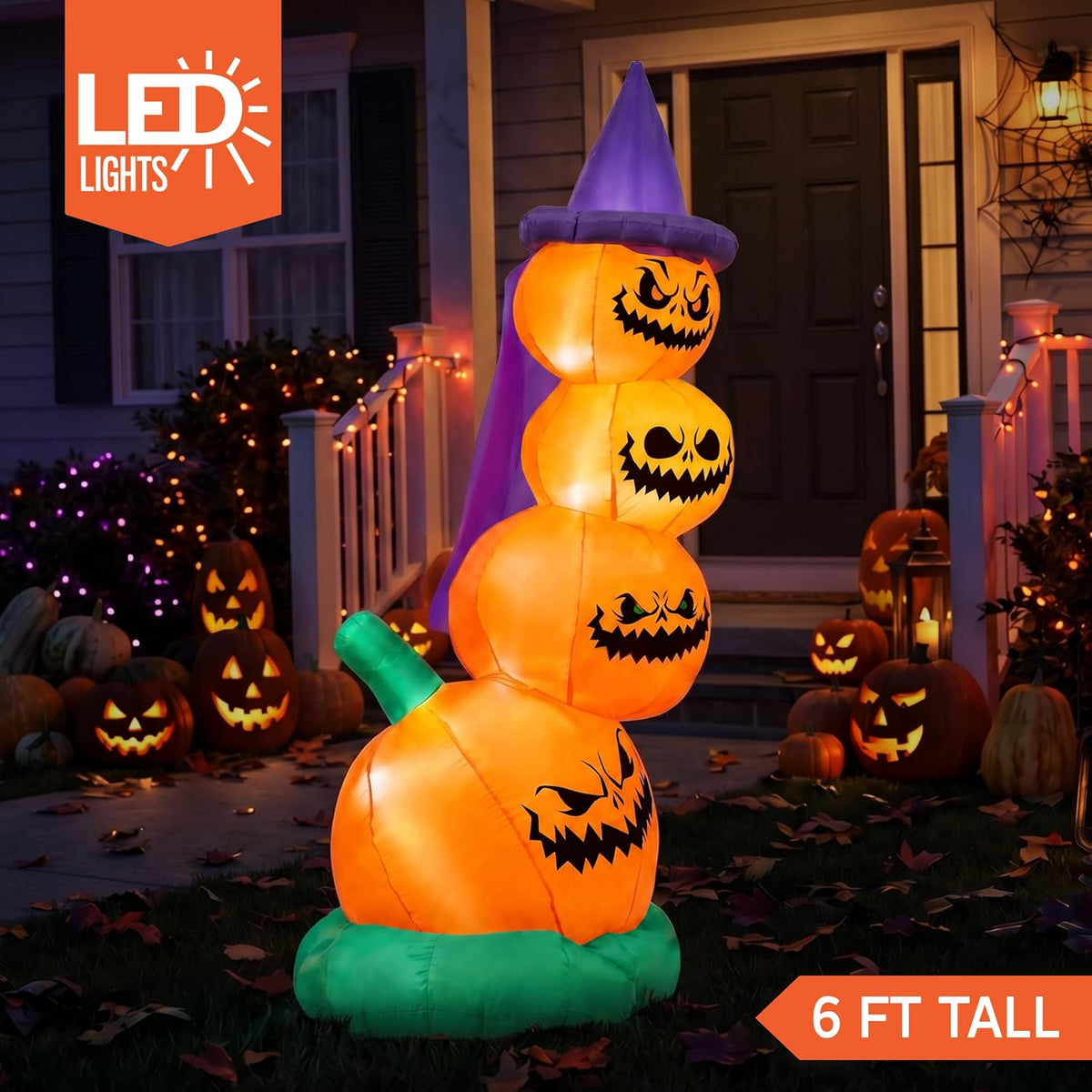 Joiedomi 6 Ft Stacked Pumpkins with Witch Hat Halloween Inflatable with LEDs