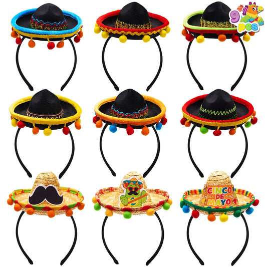 9 PCs Cinco de Mayo Sombrero Headbands, Mexican / Fiesta Theme Party Supplies / Decorations / Favors