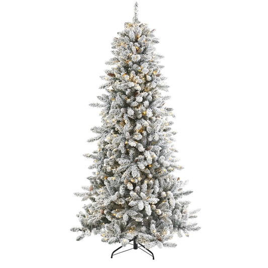 Nearly Natural 7.5ft. Flocked Livingston Fir Artificial Christmas Tree with Pine Cones and 500 Clear Warm LED Lights