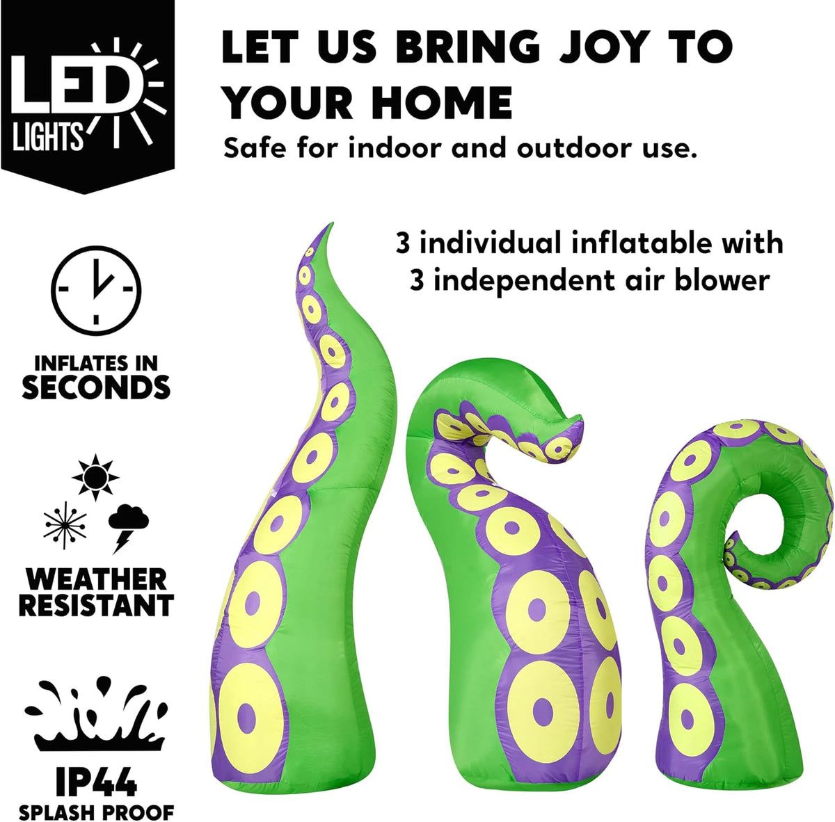 Joiedomi 3 Pcs Halloween Inflatable Green Octopus Tentacles with LEDs
