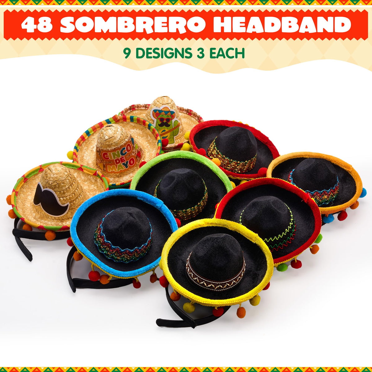 9 PCs Cinco de Mayo Sombrero Headbands, Mexican / Fiesta Theme Party Supplies / Decorations / Favors - additional view