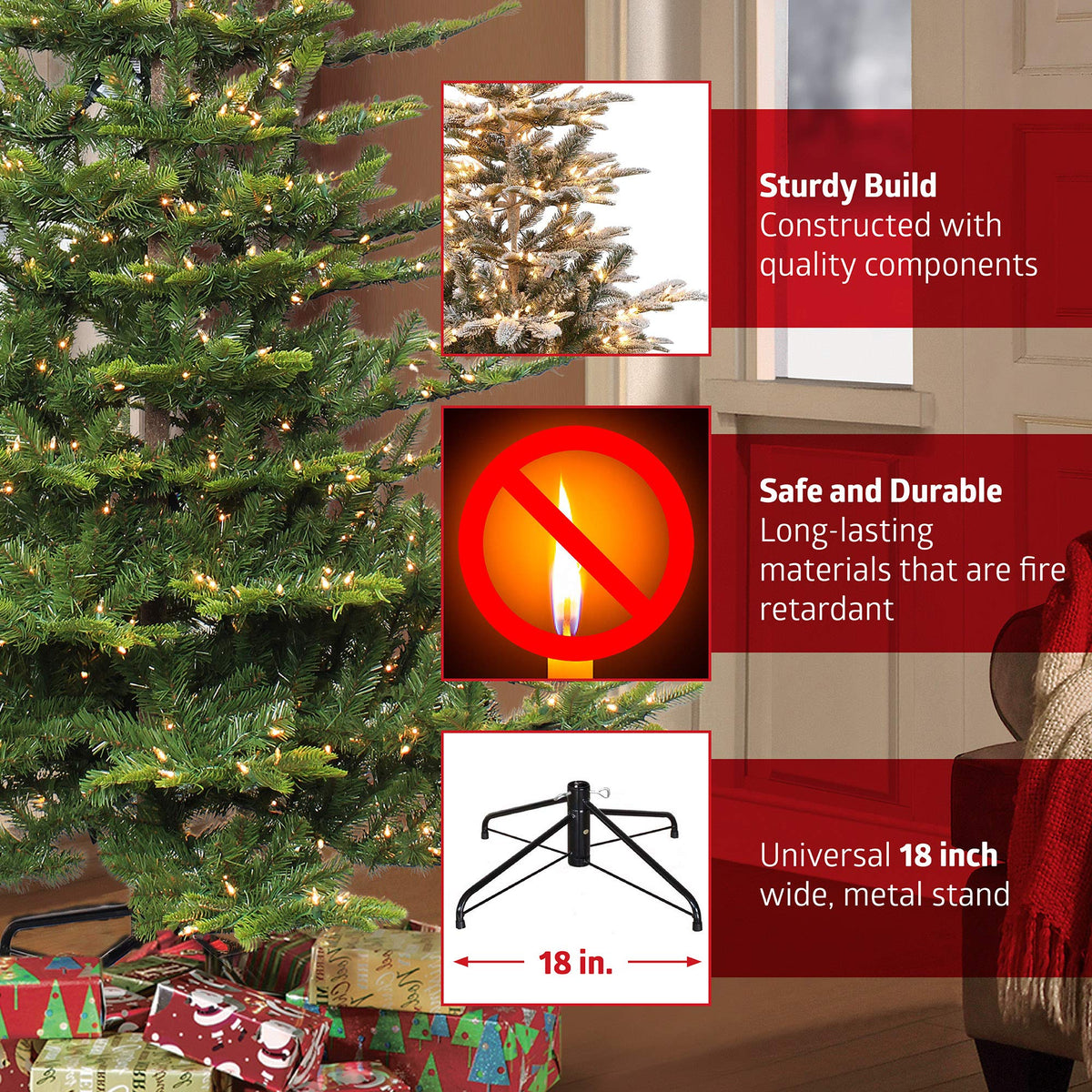 Puleo International 7.5 Foot Pre-Lit Fraser Fir Pencil Artificial Christmas Tree with 350 UL Listed Clear Lights, Green, 32 x 32 x 90 inches - additional view