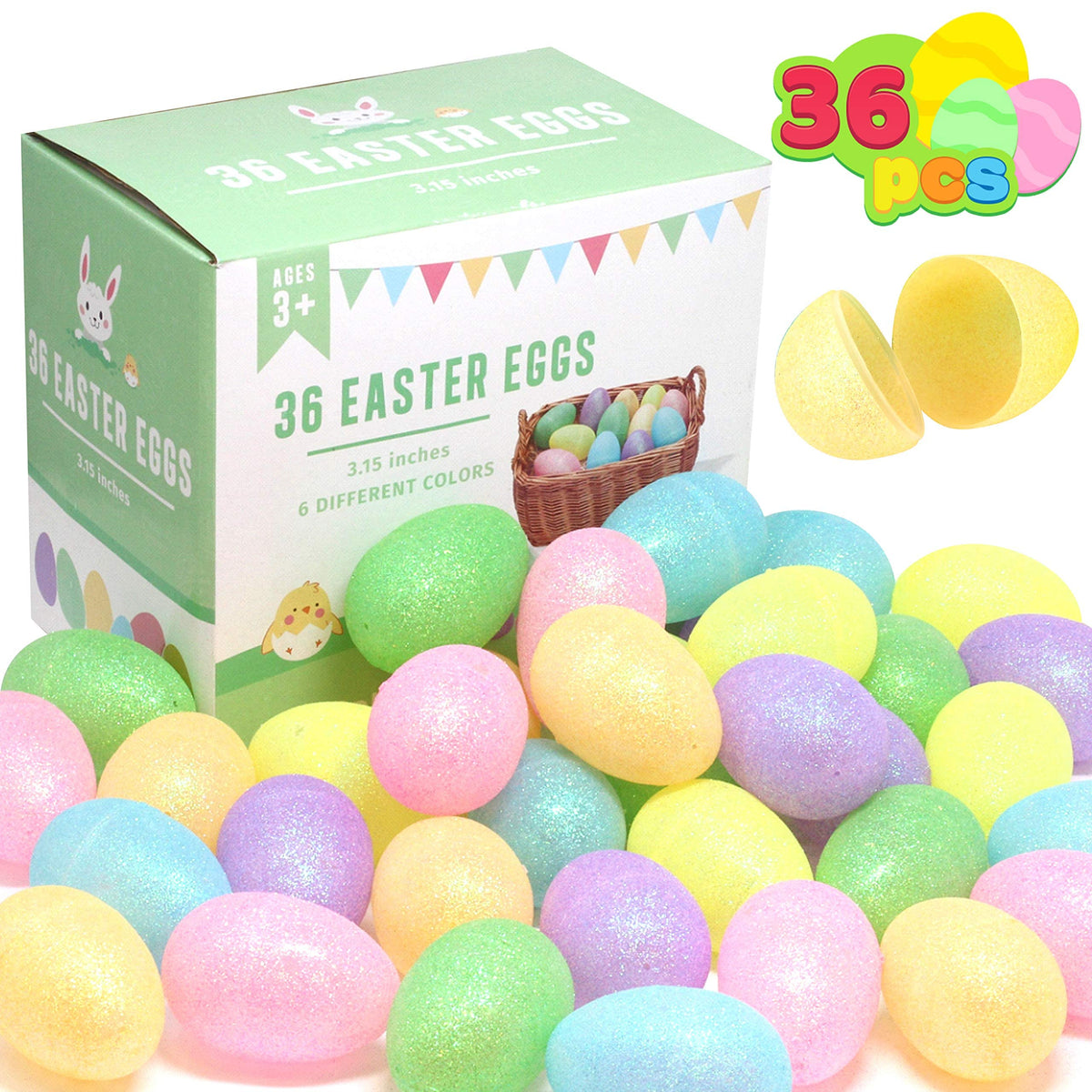 36 Pcs 3.15" Glittering Colorful Assortment Fillable Easter Egg Shell