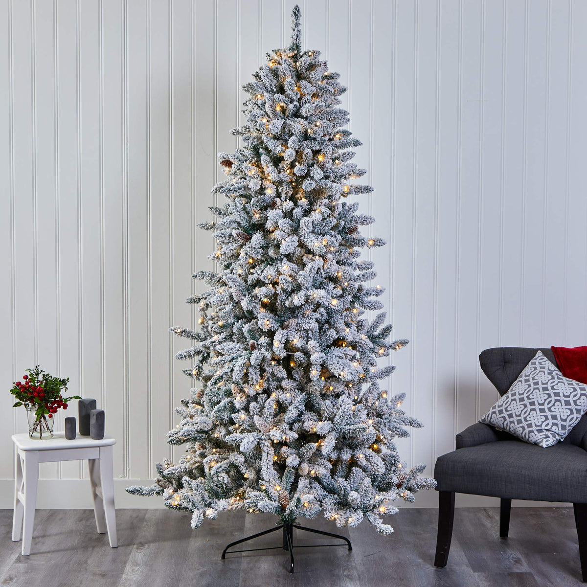 Nearly Natural 7.5ft. Flocked Livingston Fir Artificial Christmas Tree with Pine Cones and 500 Clear Warm LED Lights - additional view