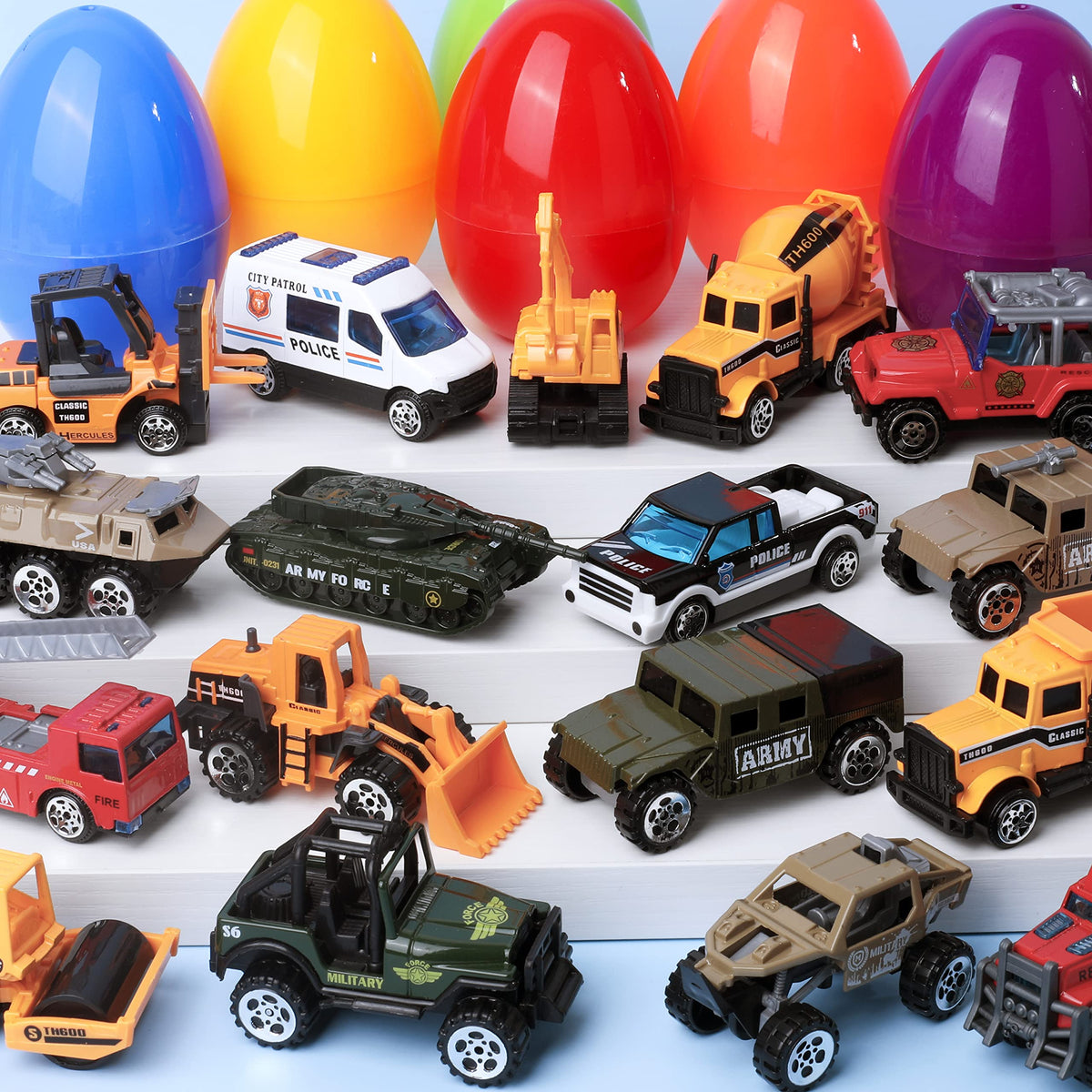 18 Pcs Jumbo Easter Eggs Filled with Die-cast Vehicles, Pull Back City Cars - additional view