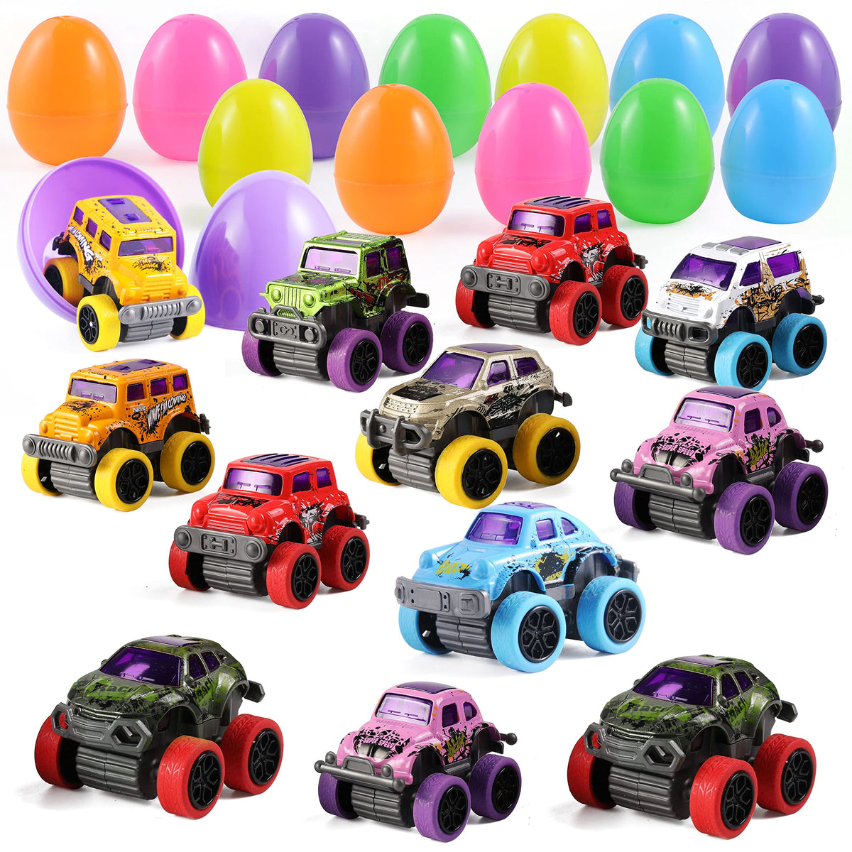 12 Pcs Easter Eggs Filled with Pull Back Monster Cars