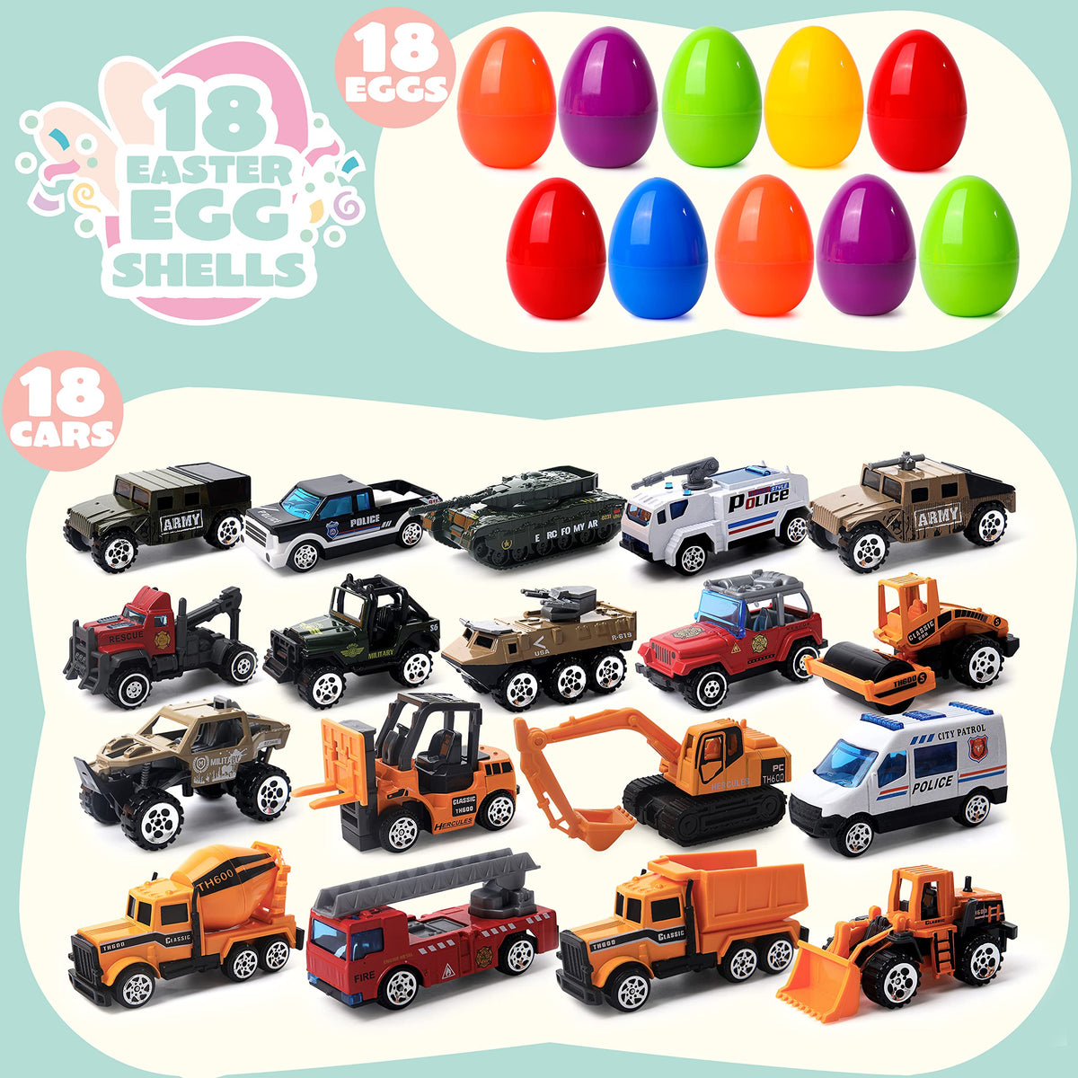 18 Pcs Jumbo Easter Eggs Filled with Die-cast Vehicles, Pull Back City Cars - additional view