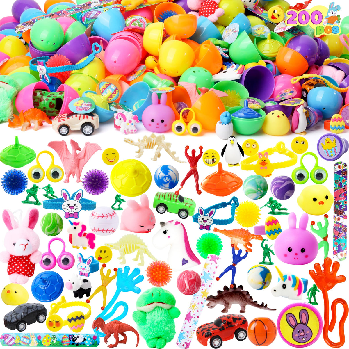 200 Pcs Toys Plus Stickers, 2 3 / 8" prefilled Easter Eggs