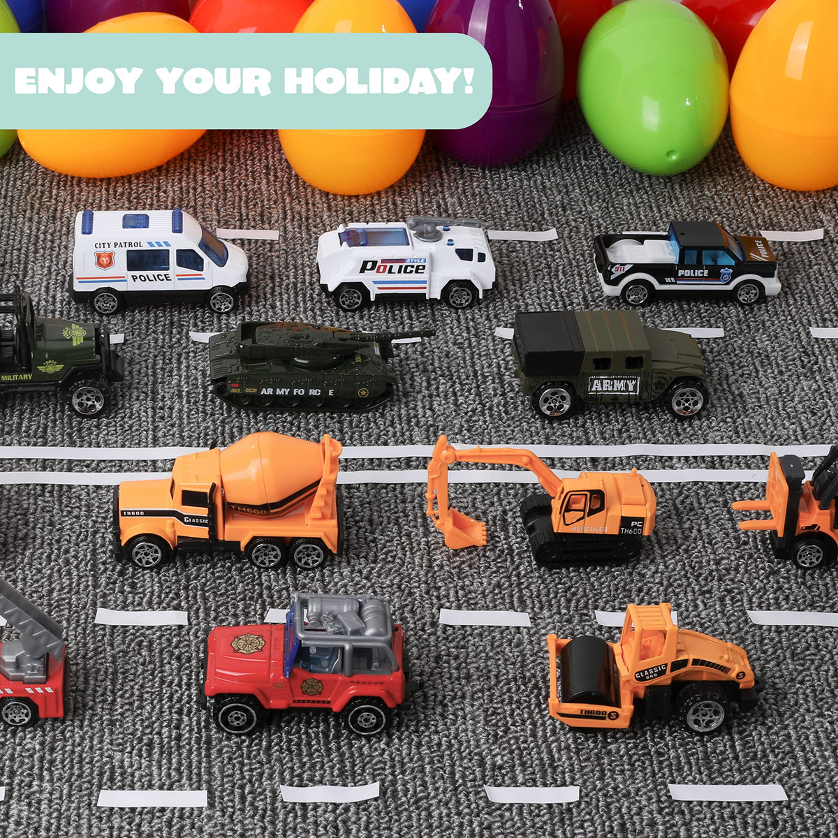 18 Pcs Jumbo Easter Eggs Filled with Die-cast Vehicles, Pull Back City Cars - additional view