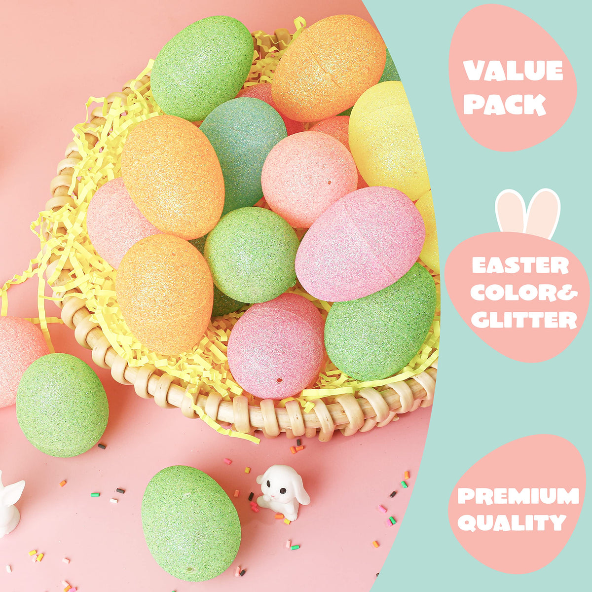 72 Pcs 2.5" Glitter Pastel Assorted Plastic Easter Eggs, Fillable Shells - additional view
