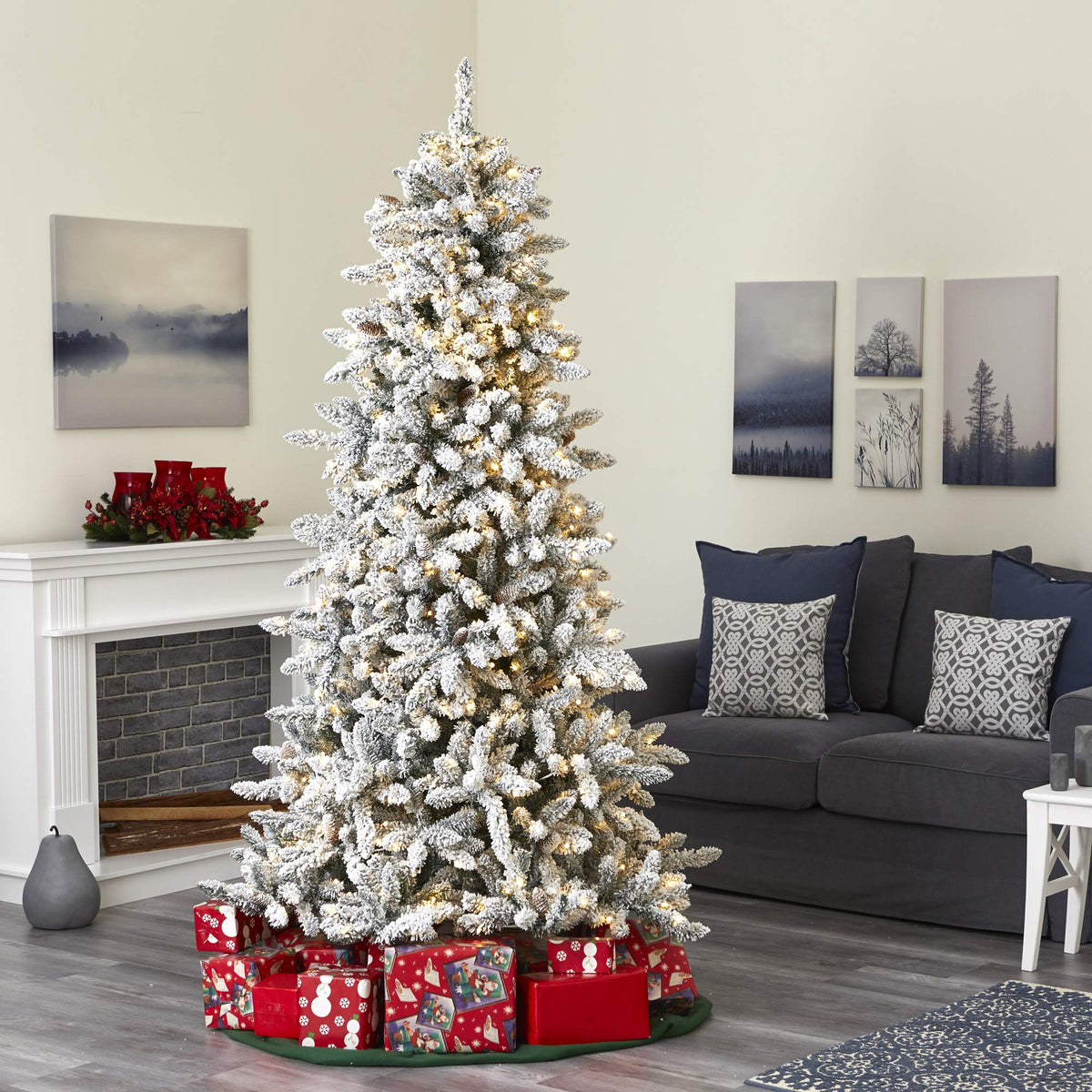 Nearly Natural 7.5ft. Flocked Livingston Fir Artificial Christmas Tree with Pine Cones and 500 Clear Warm LED Lights - additional view