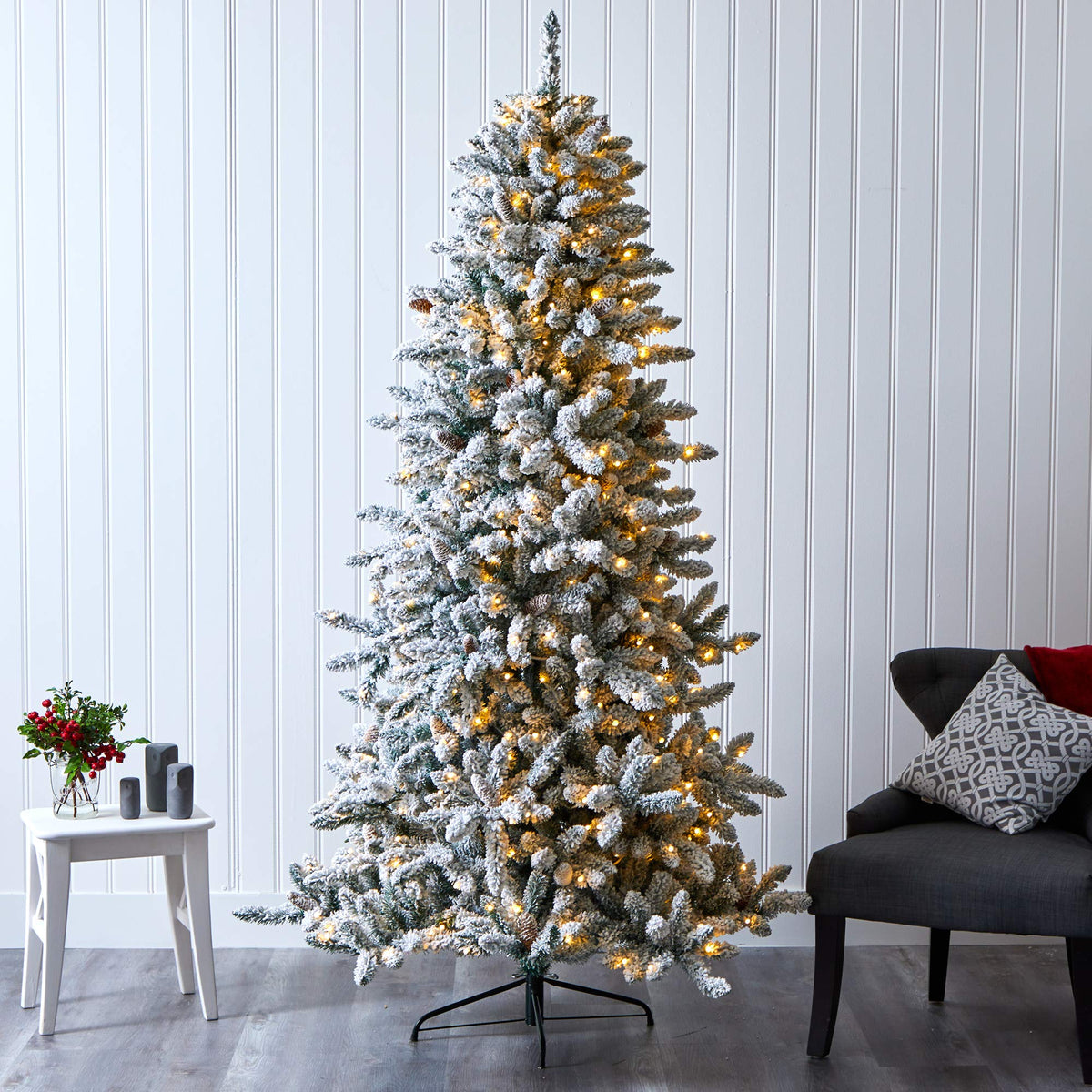 Nearly Natural 7.5ft. Flocked Livingston Fir Artificial Christmas Tree with Pine Cones and 500 Clear Warm LED Lights - additional view