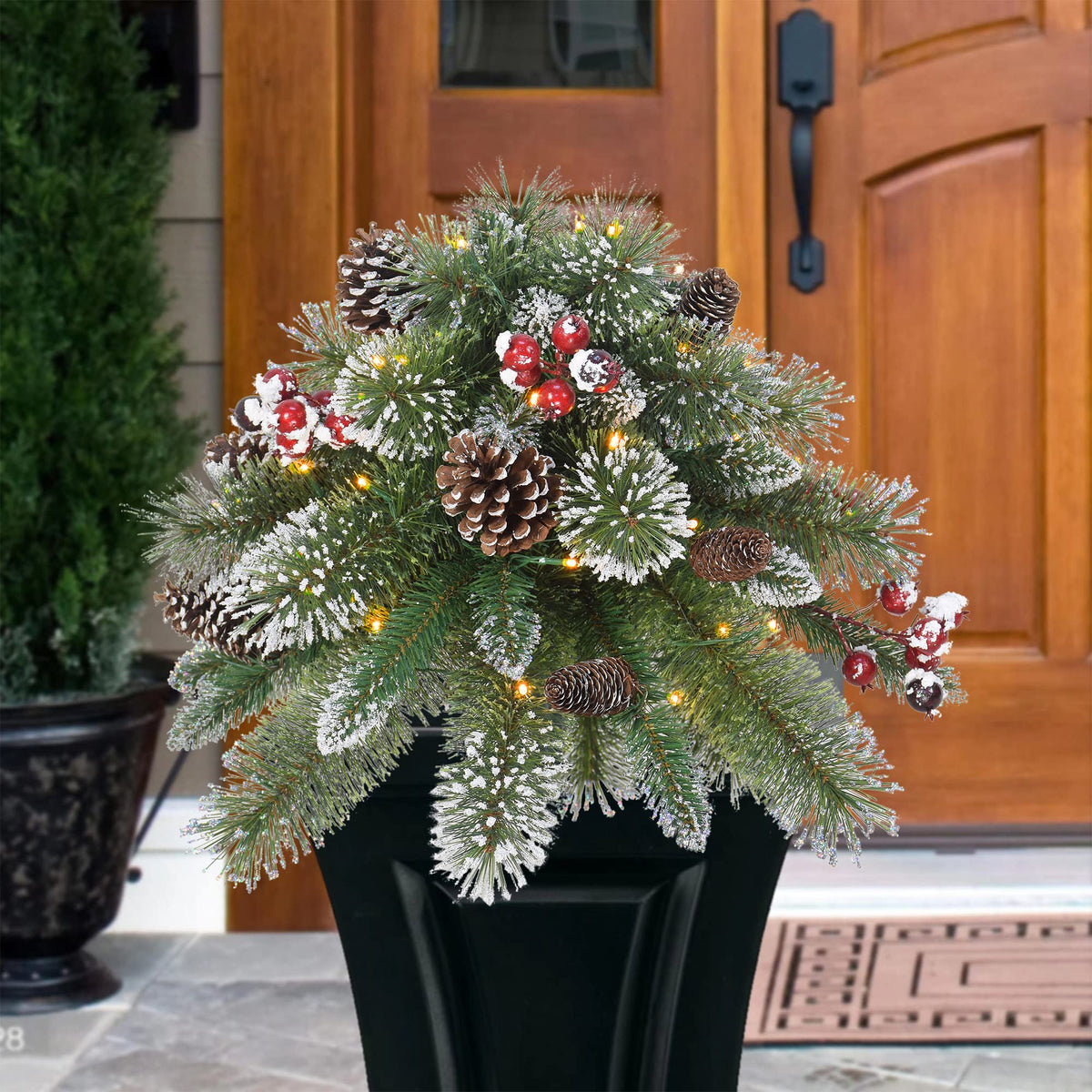 18" B / O Snowy Urn Filler, 48 Tips, 35 Warm White LED Lights, (3 x AA Batteries not Included), 6 / 18 Hours On / Off Time Function, Pine Cones & Berries - additional view