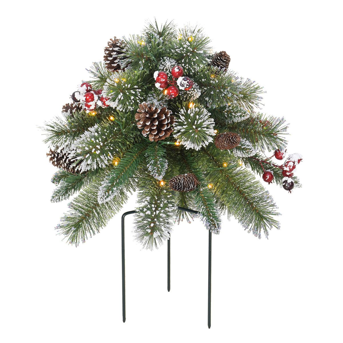 18" B / O Snowy Urn Filler, 48 Tips, 35 Warm White LED Lights, (3 x AA Batteries not Included), 6 / 18 Hours On / Off Time Function, Pine Cones & Berries