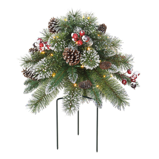18" B / O Snowy Urn Filler, 48 Tips, 35 Warm White LED Lights, (3 x AA Batteries not Included), 6 / 18 Hours On / Off Time Function, Pine Cones & Berries