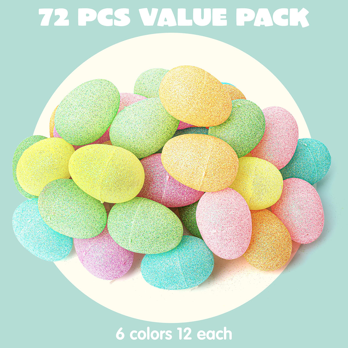 72 Pcs 2.5" Glitter Pastel Assorted Plastic Easter Eggs, Fillable Shells - additional view