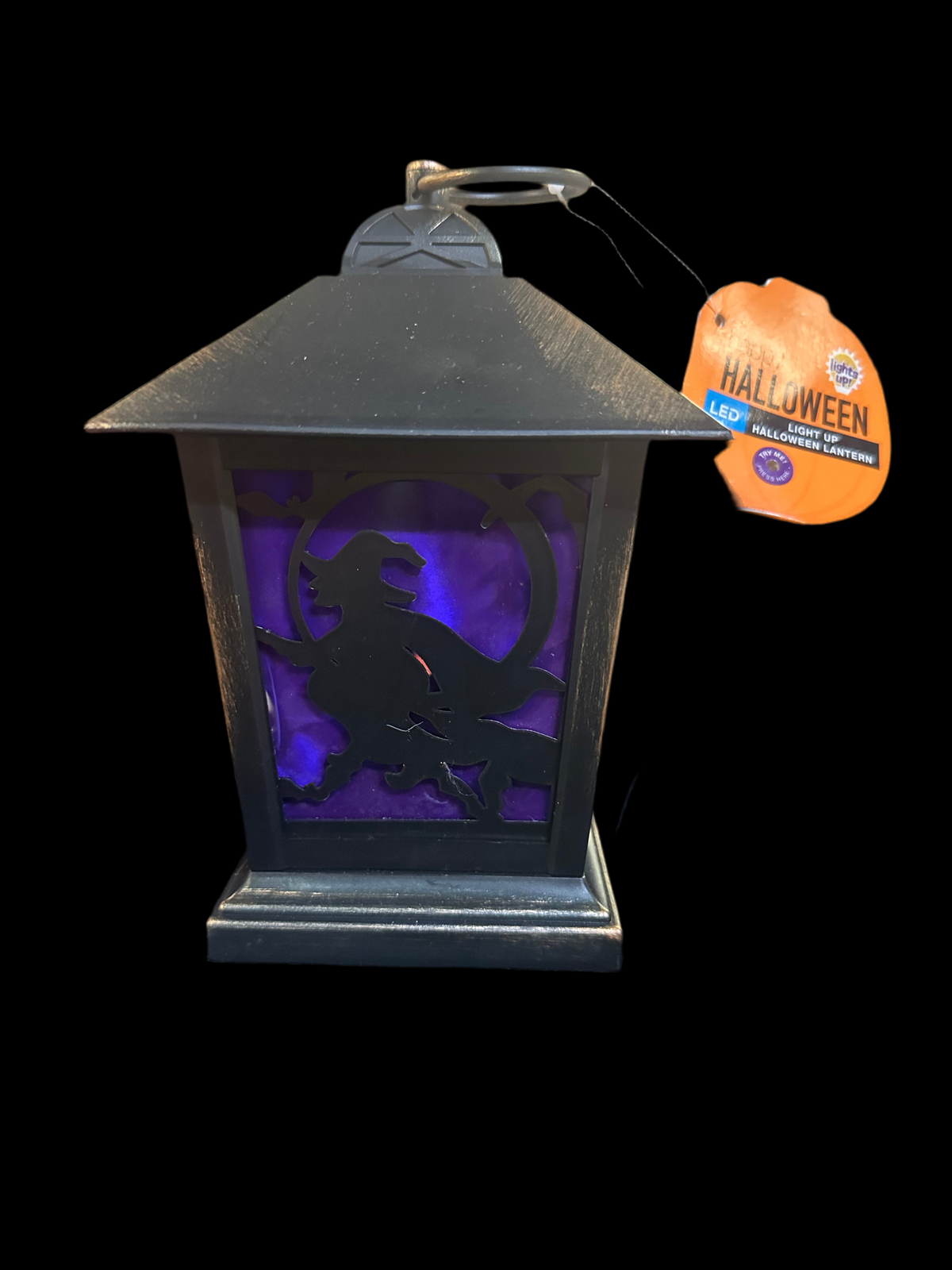 Purple Witch or Green Haunted House LED lantern Halloween with projected bats / ghosts inside 7”