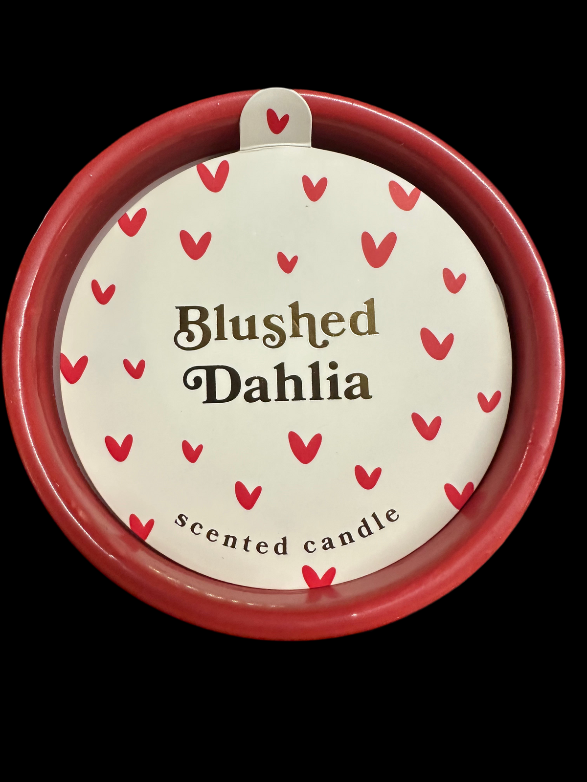 Blushed Dahlia, 12 ounce scented candle in red and gold love ceramic pot