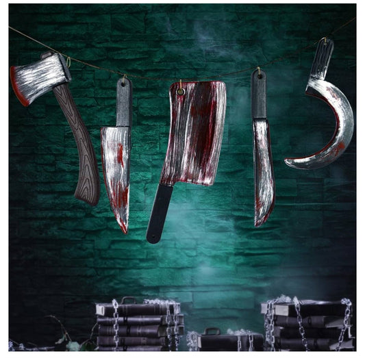5 Pcs Bloody weapons Knife, machete, axe, Cleaver, sickle with fake blood Halloween Decorations Outdoor Indoor Toys Halloween Home Decor Haunted House