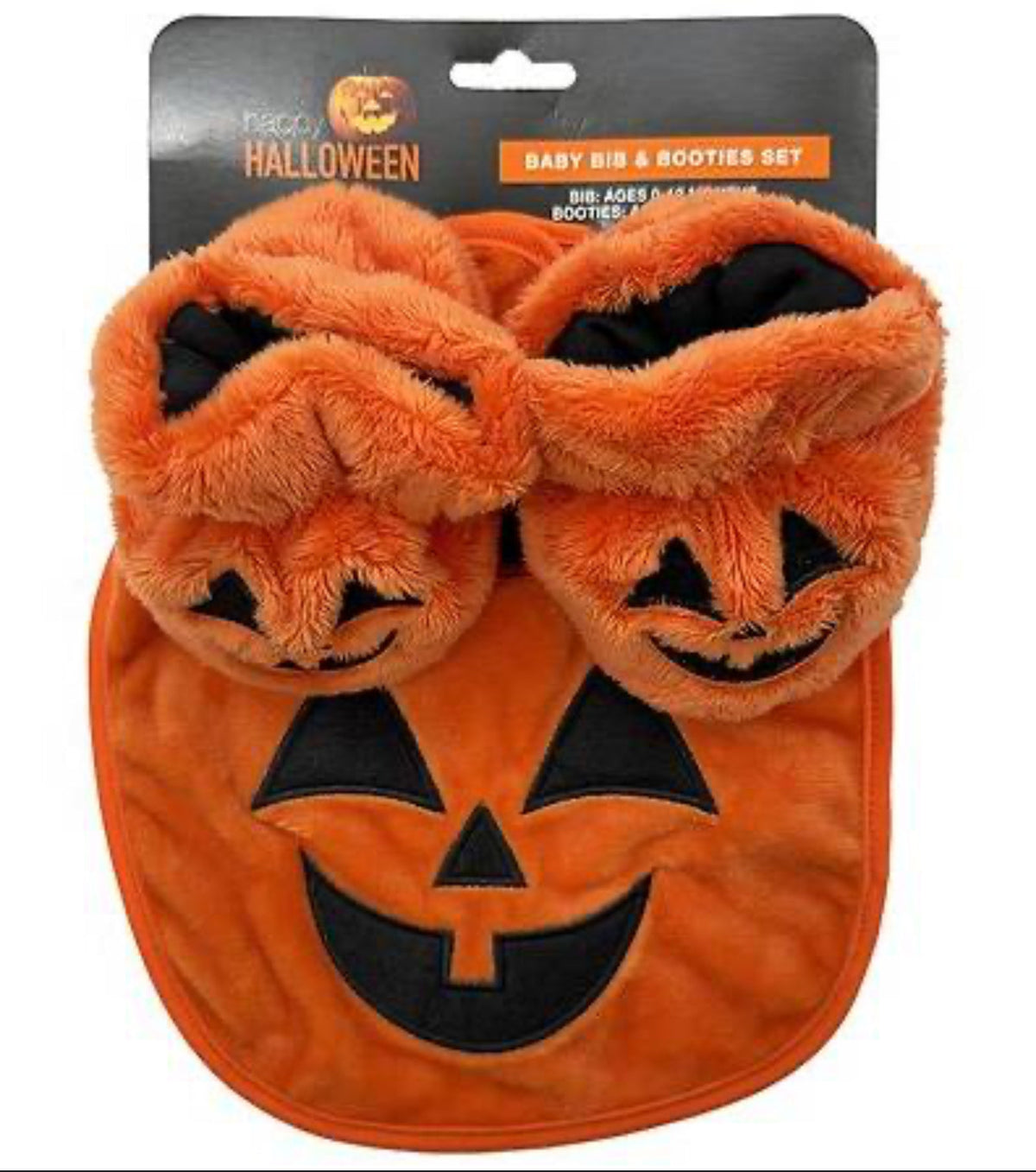 Halloween pumpkin face, baby bib and booties set 0 to 6 month