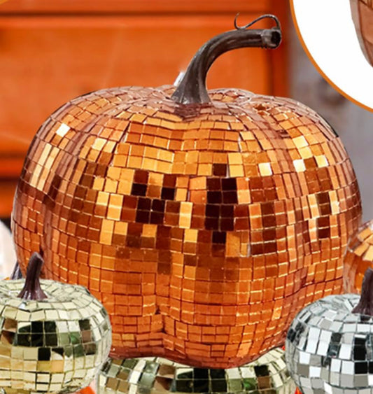 Mirror ball “disco” pumpkin 6” mirror silver or orange resin