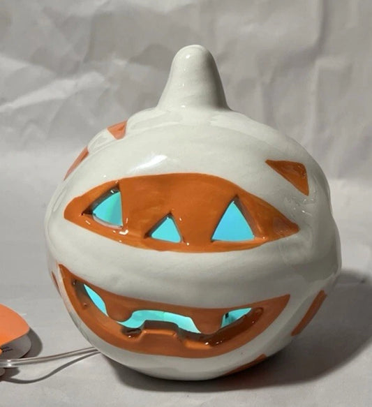 Ceramic LED mummy pumpkin or skull with spider, pair or each
