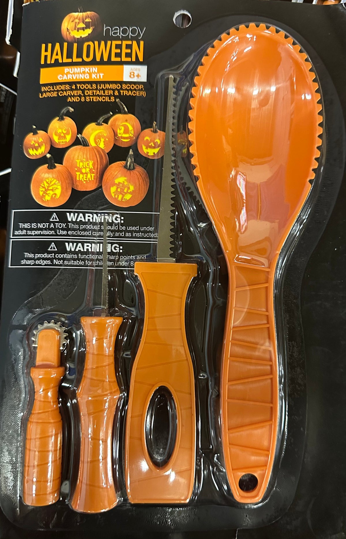 4-piece pumpkin carving kit for Halloween with 8 stencils