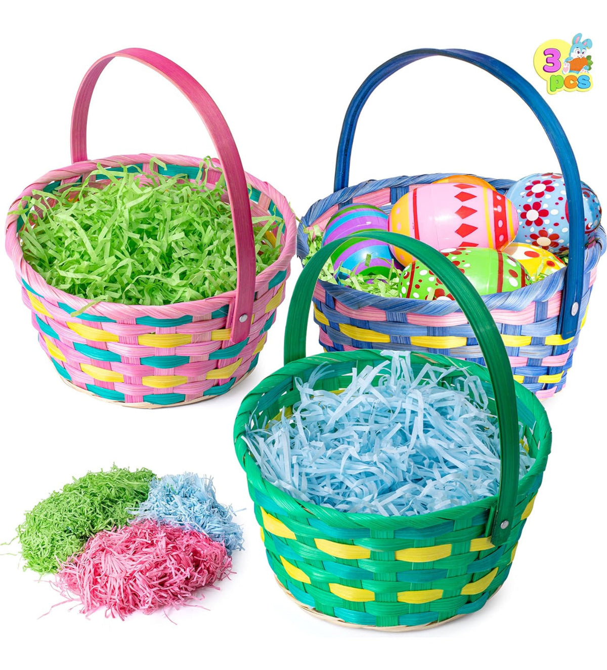 Three pack of wicker baskets with paper grass