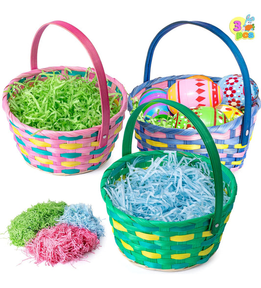Three pack of wicker baskets with paper grass